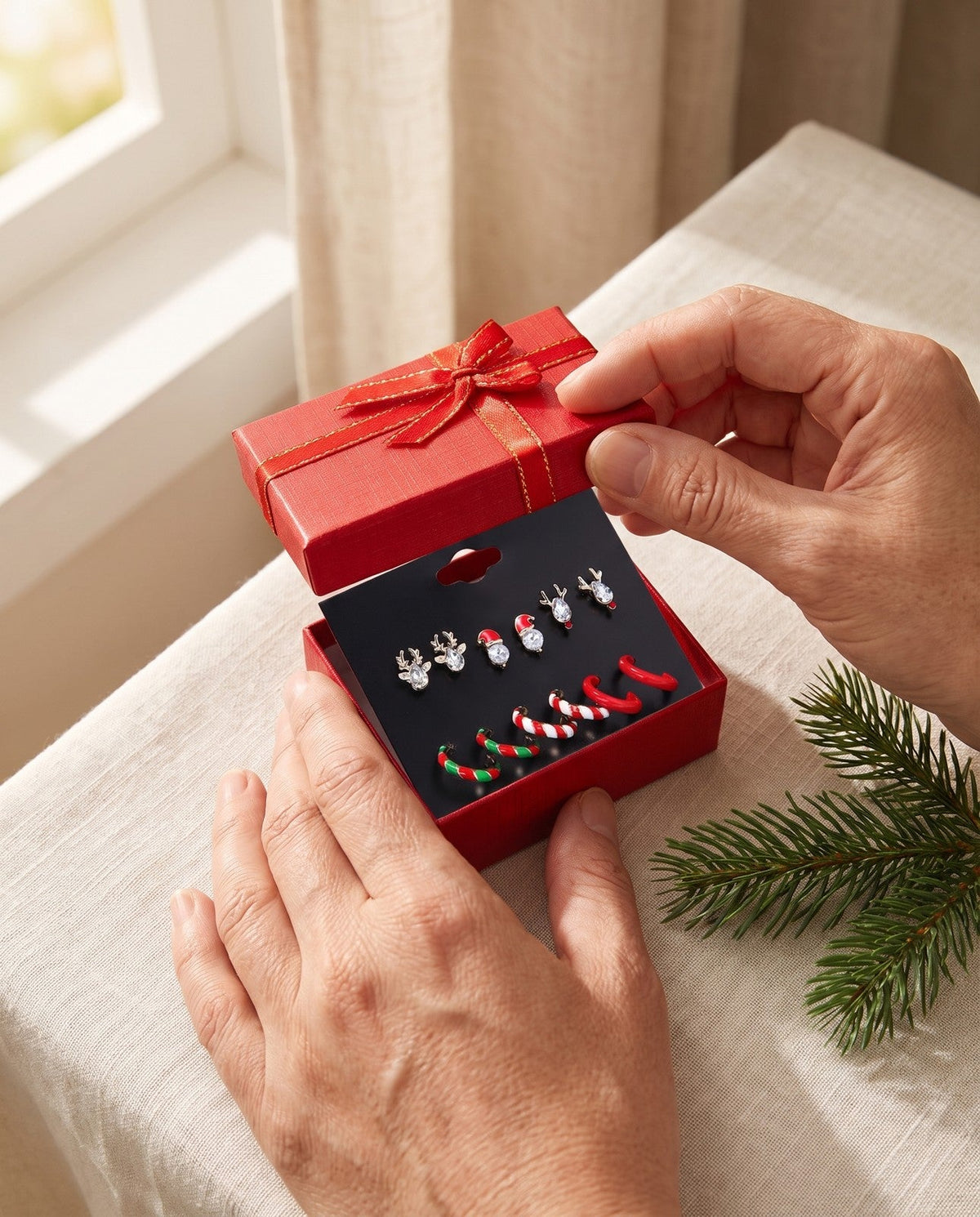 Hands opening a red gift box with Christmas earrings inside