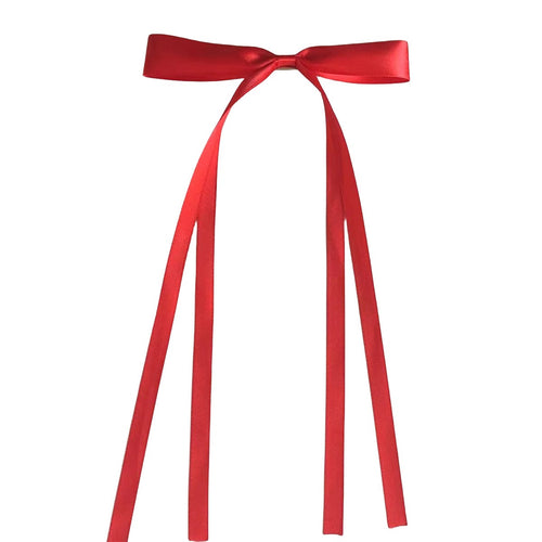 Red ribbon bow hair clip with long tails