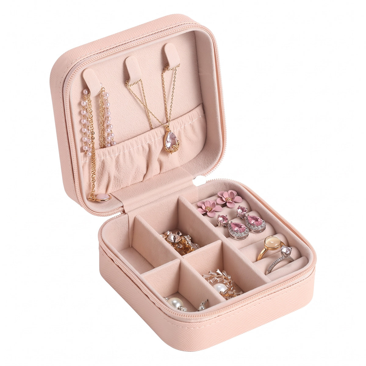 Light pink zip jewelry case, open, with ring rows, compartments and a lid band for chains