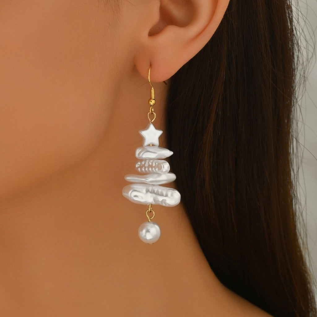 Christmas tree faux pearl earring worn