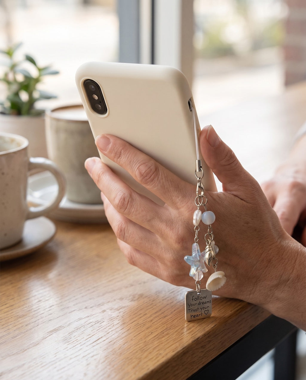The beaded phone chain held in a hand