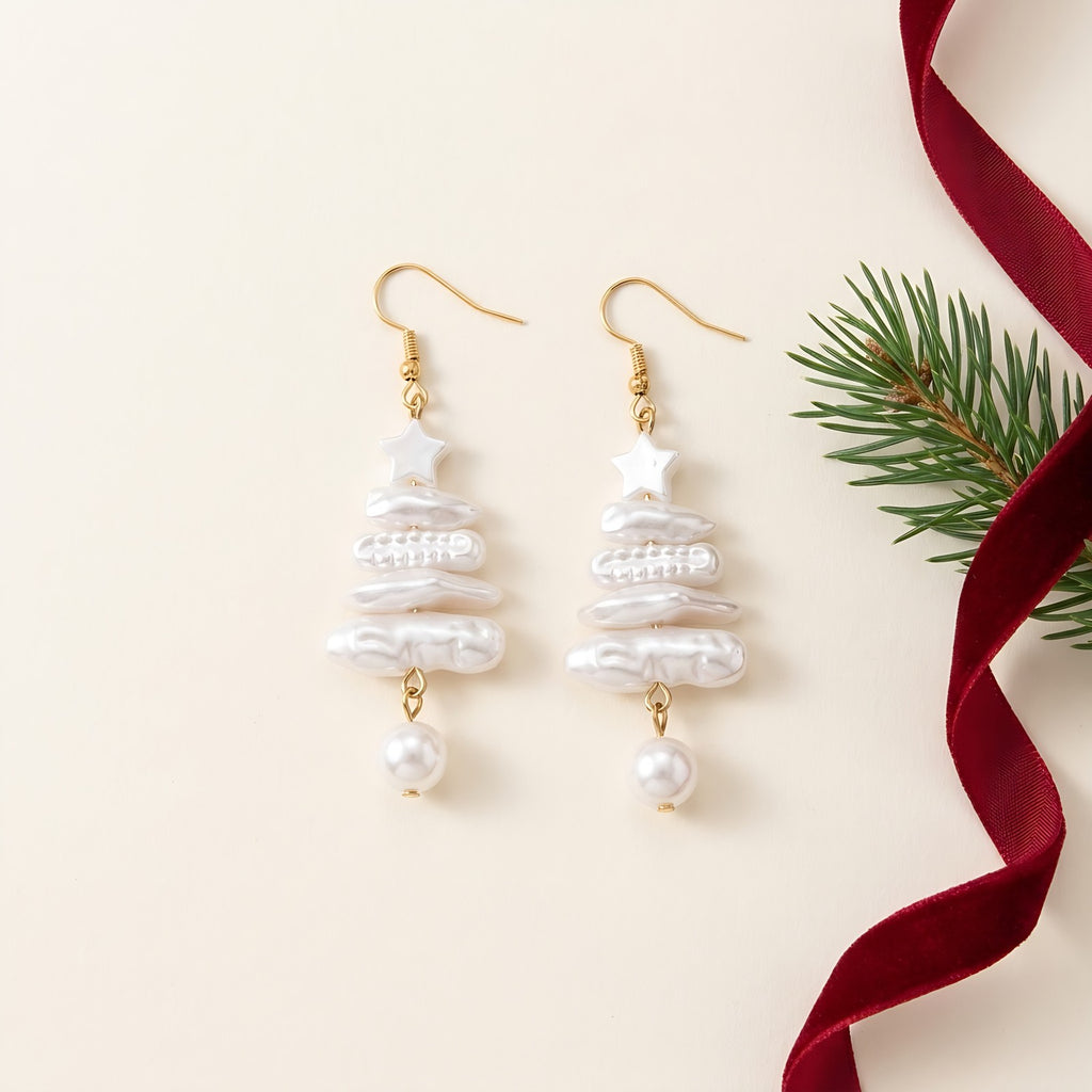 Christmas tree faux pearl earrings with pine and red ribbon