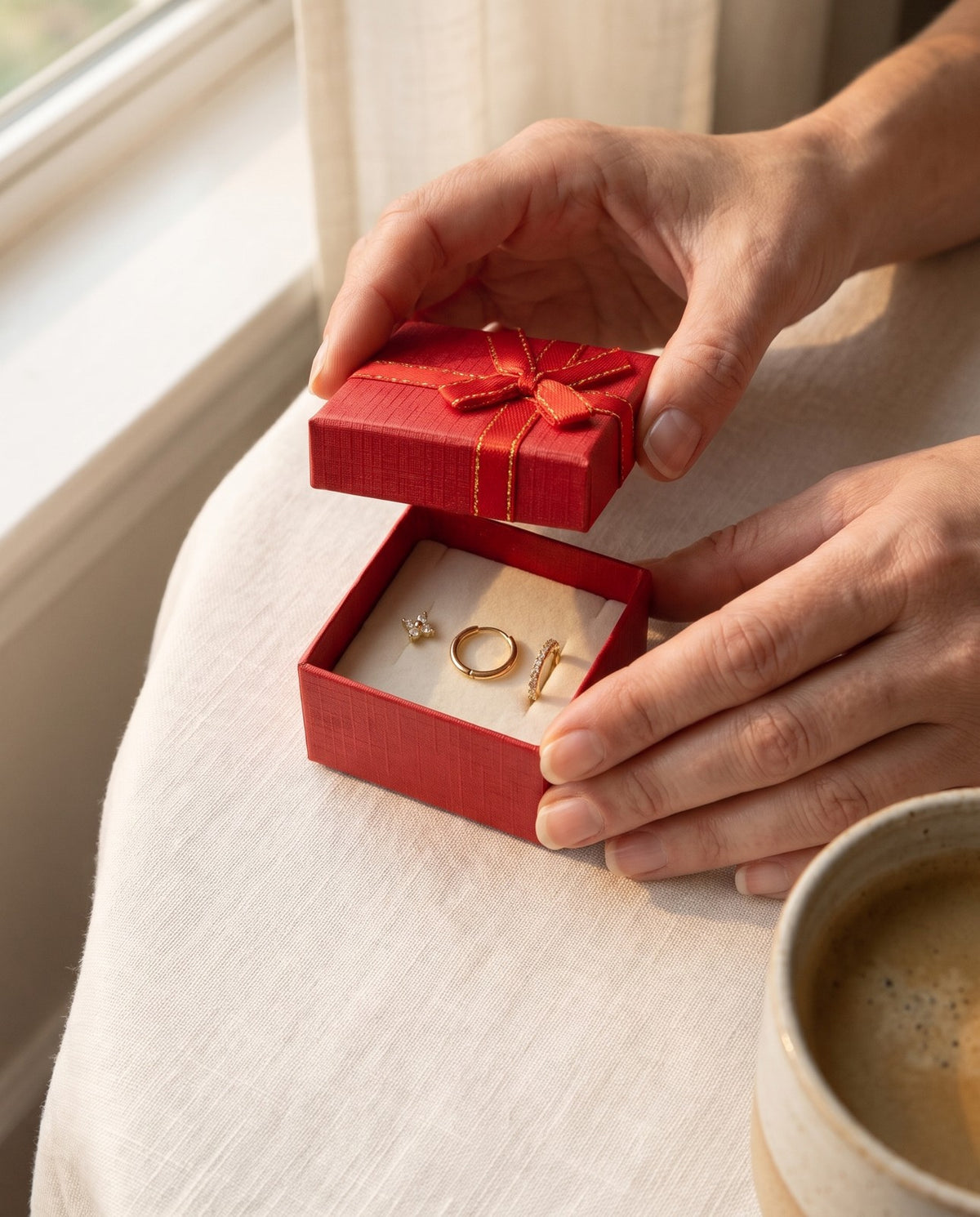 Hands opening a red gift box with the three Huggie earrings inside: flower stud, plain hoop, hoop with clear stones