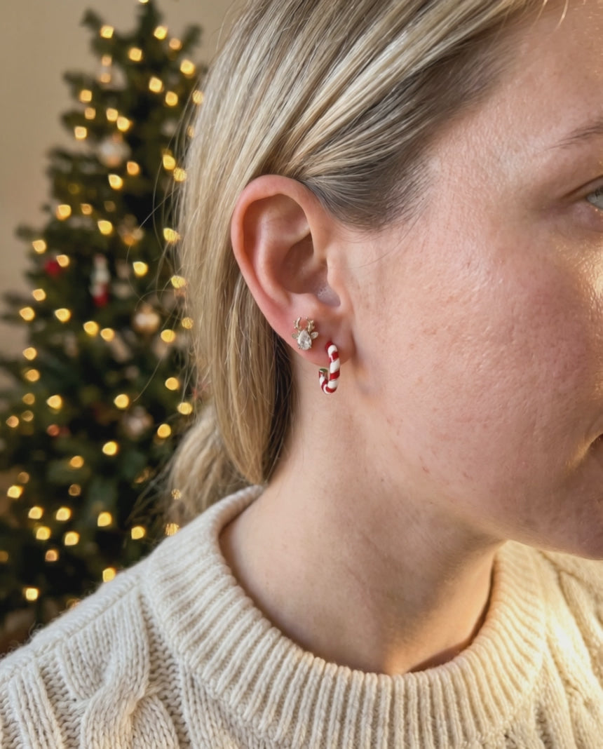 Video: a reindeer stud and a striped hoop worn, with a slow turn of the head