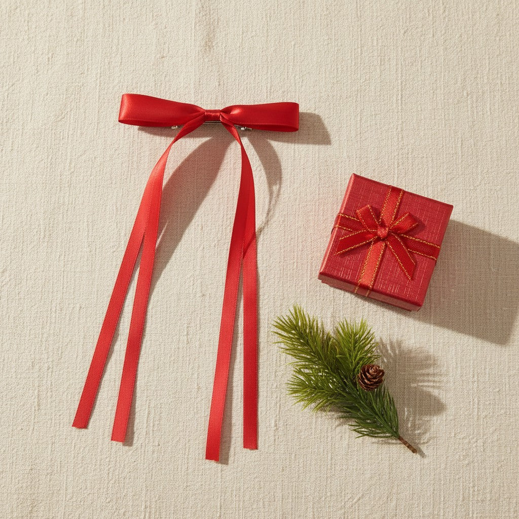 Red ribbon bow clip beside a small red gift box and a pine sprig