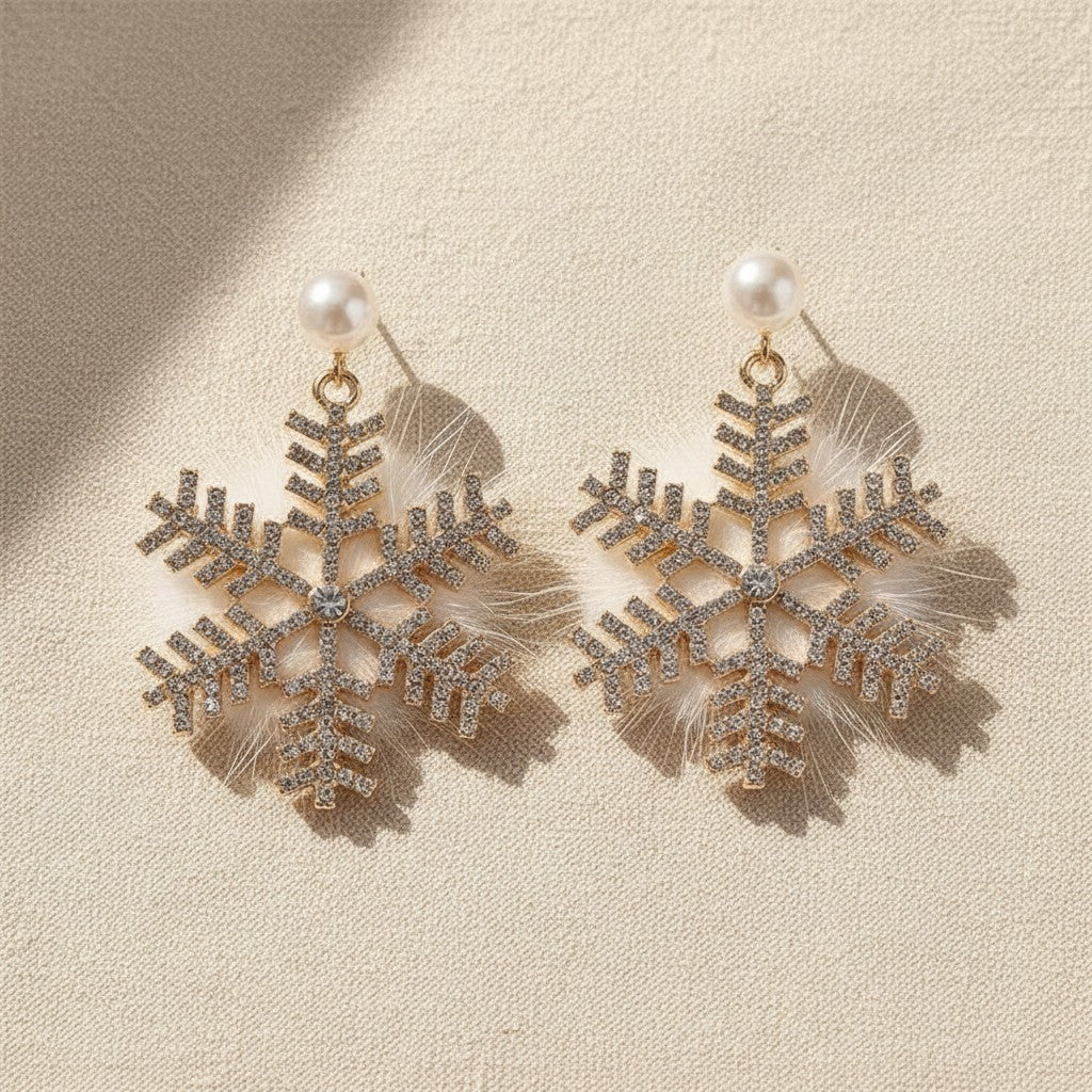 Close up of the pair of snowflake earrings with clear stones