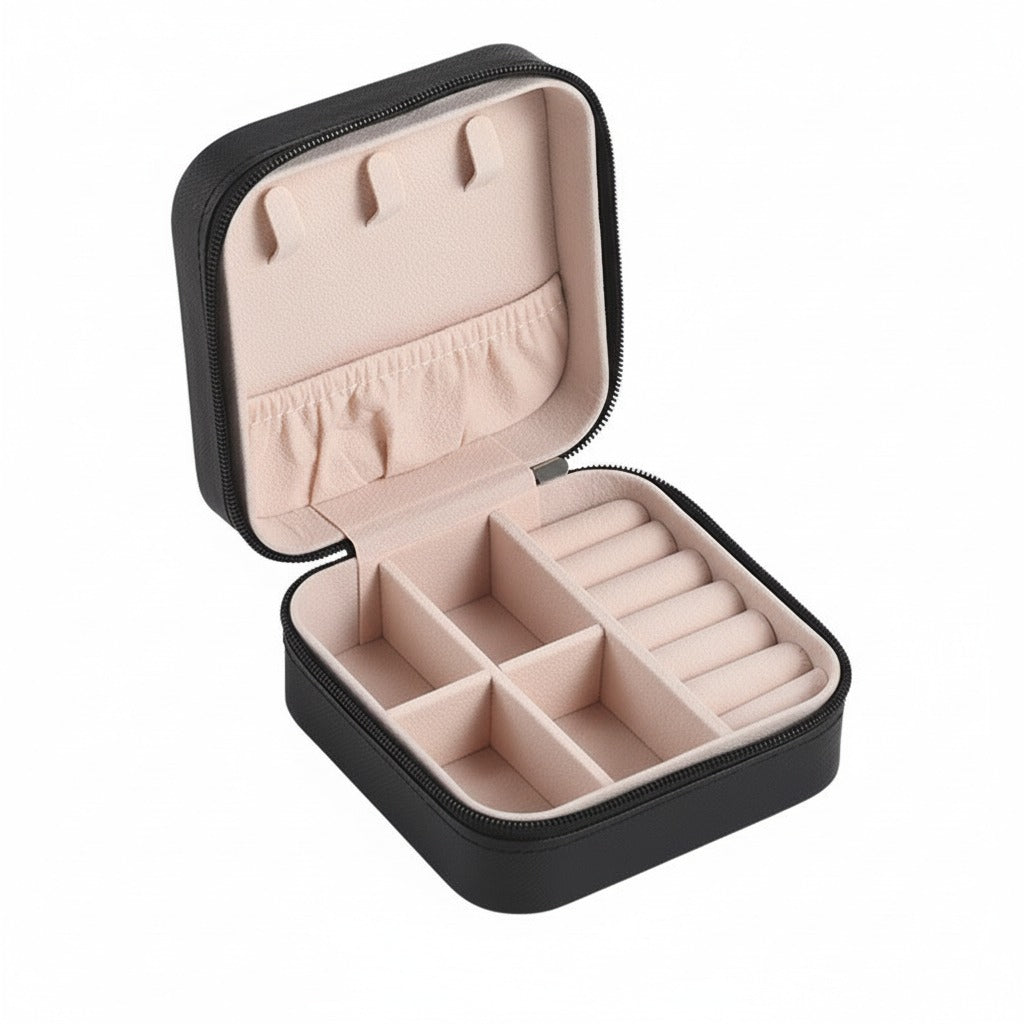 The black travel jewelry case, open and empty
