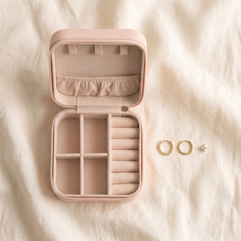 The pink travel jewelry case open on ivory linen beside the Huggie earrings