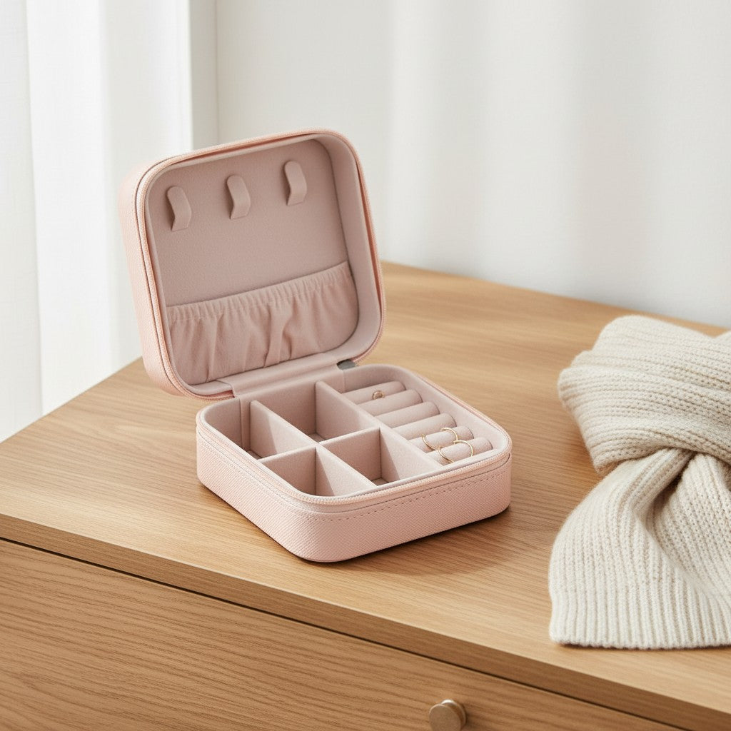The pink travel jewelry case open on a dresser, showing ring rows and compartments