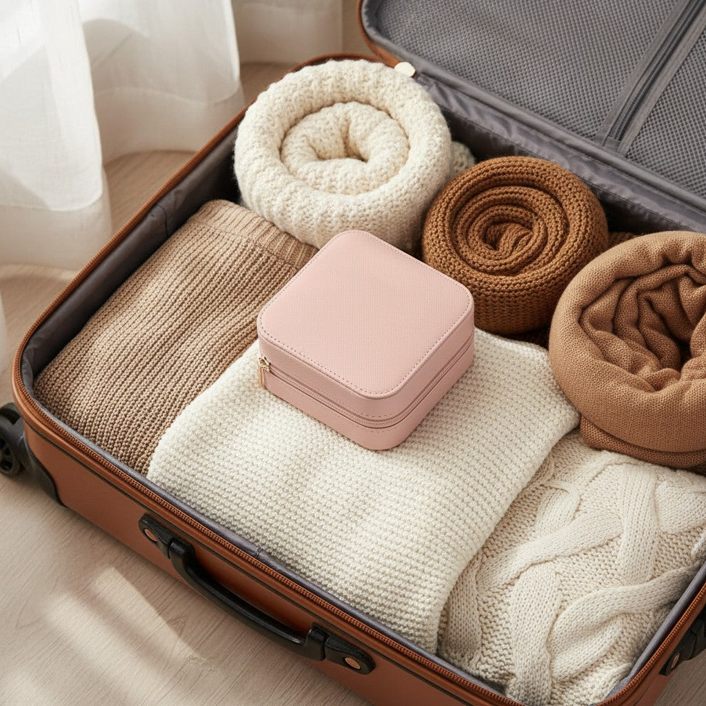 The pink travel jewelry case packed in a suitcase between sweaters