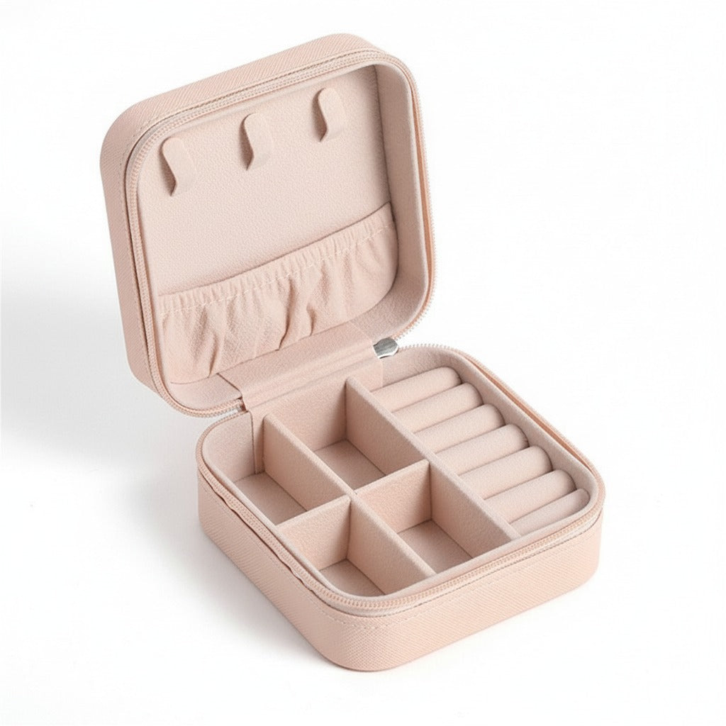 The pink travel jewelry case, open and empty